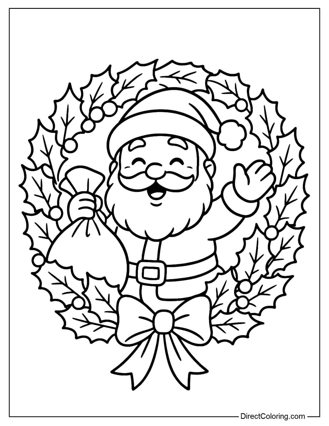 Santa Claus Wreath Coloring Page A wreath coloring page with a jolly Santa Claus peeking out from the center of the wreath, holding a gift bag and smiling.