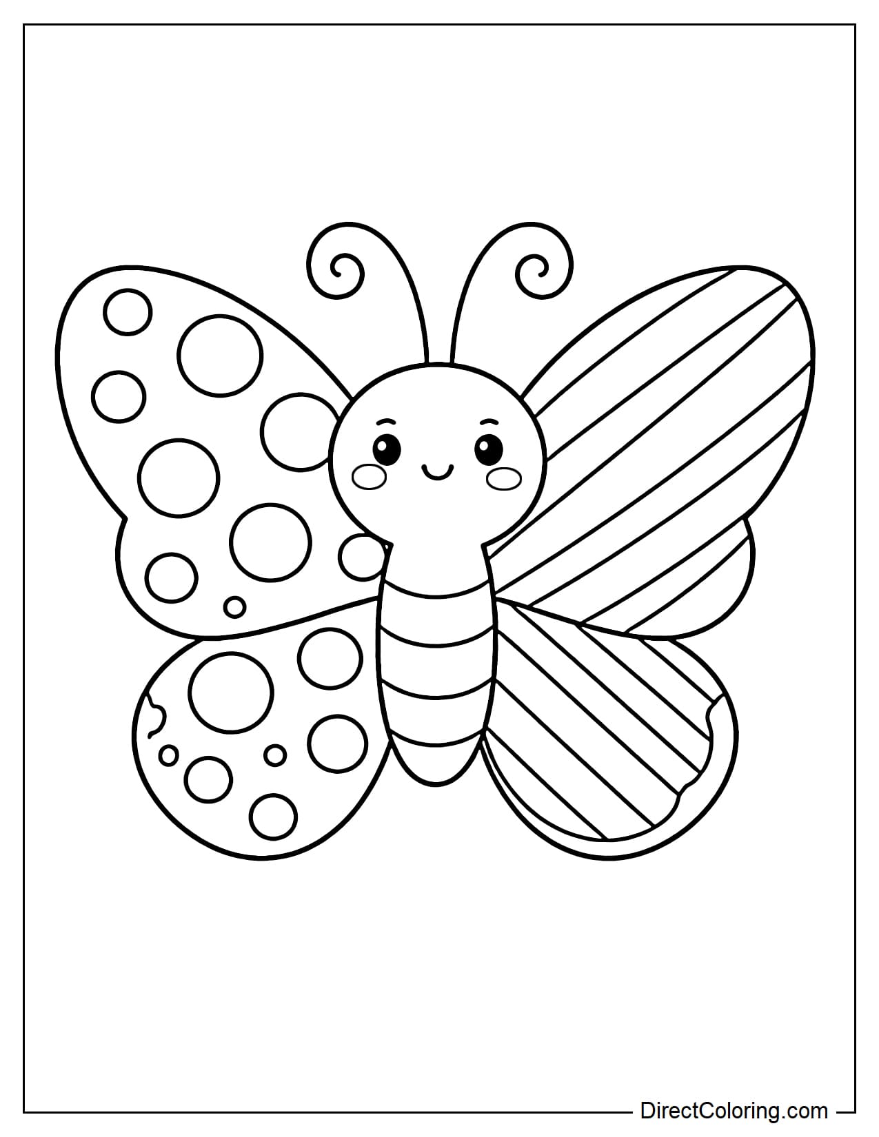An adorable butterfly with one wing decorated with polka dots and the other with parallel diagonal stripes.