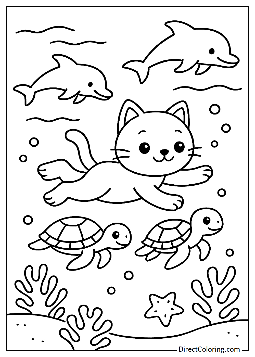 Cat swimming under the ocean with turtles and dolphins coloring page
