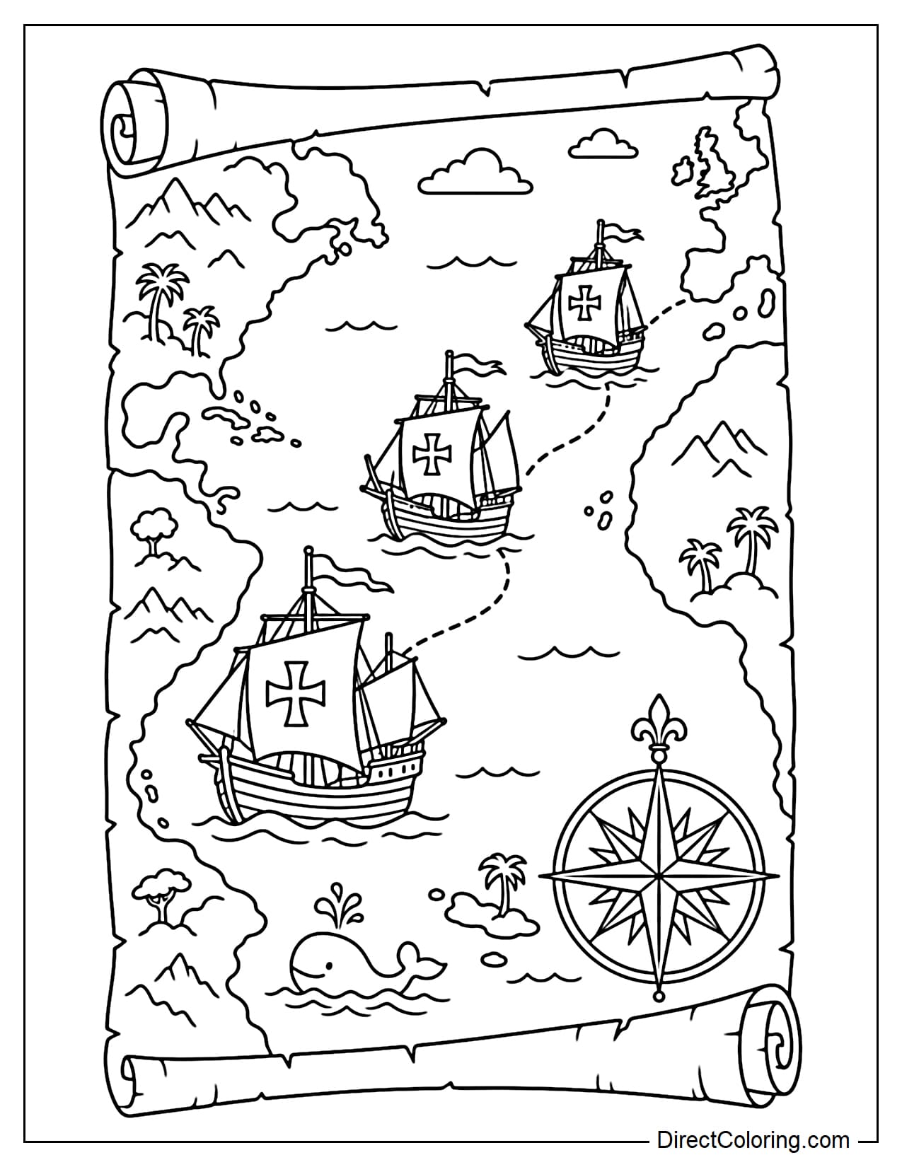 A giant old map is transformed into an ocean surface, with the Niña, Pinta, and Santa María sailing across the curved lines of the map as if they were real waves, while a large compass rose appears in one corner.