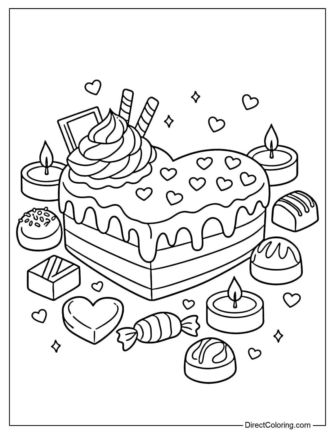 Coloring page for a chocolate heart-shaped cake, surrounded by small candles and decorated with chocolate pieces.