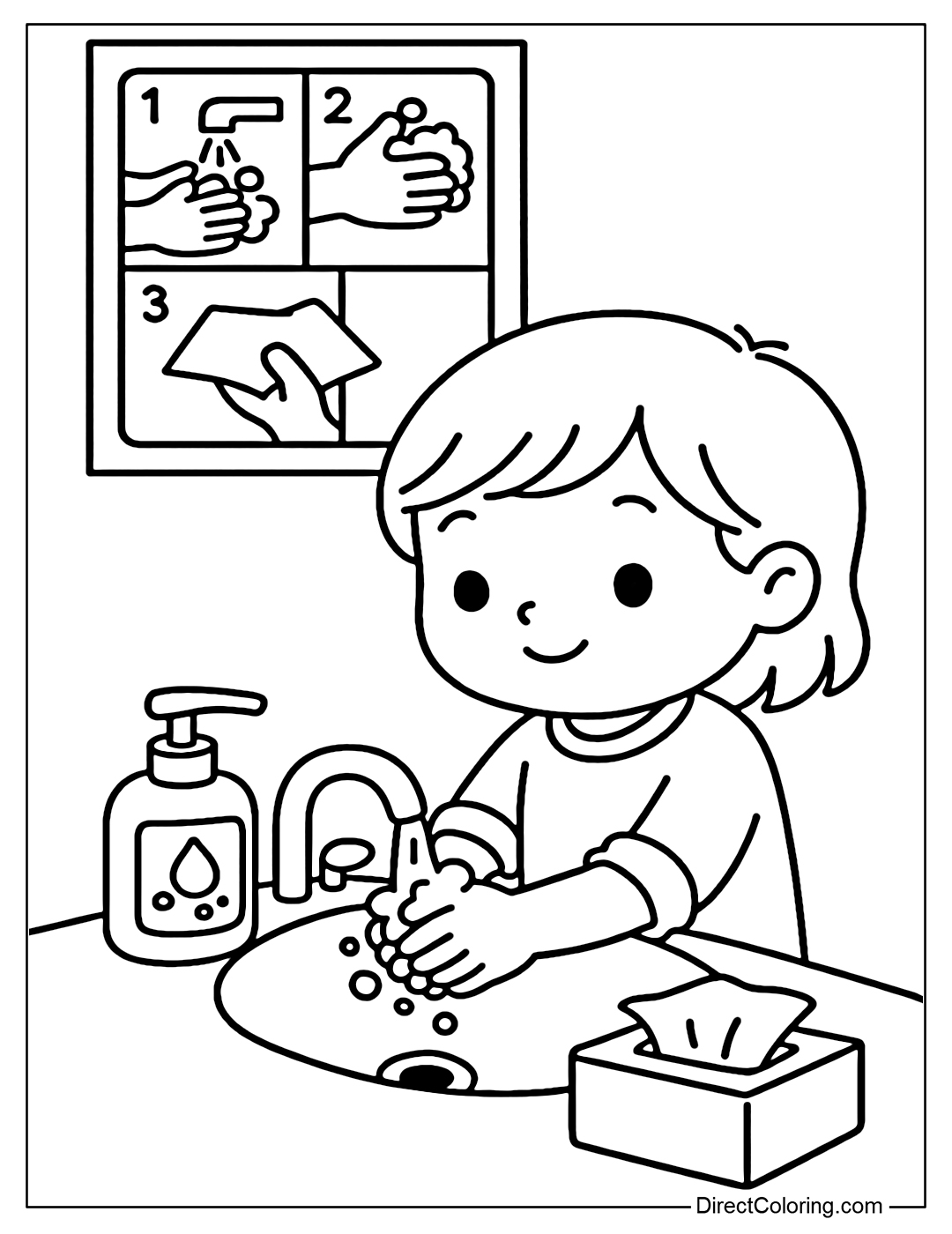 A coloring page where students are washing their hands with soap and paper towels after entering the classroom, with a poster illustrating safe hand hygiene steps.