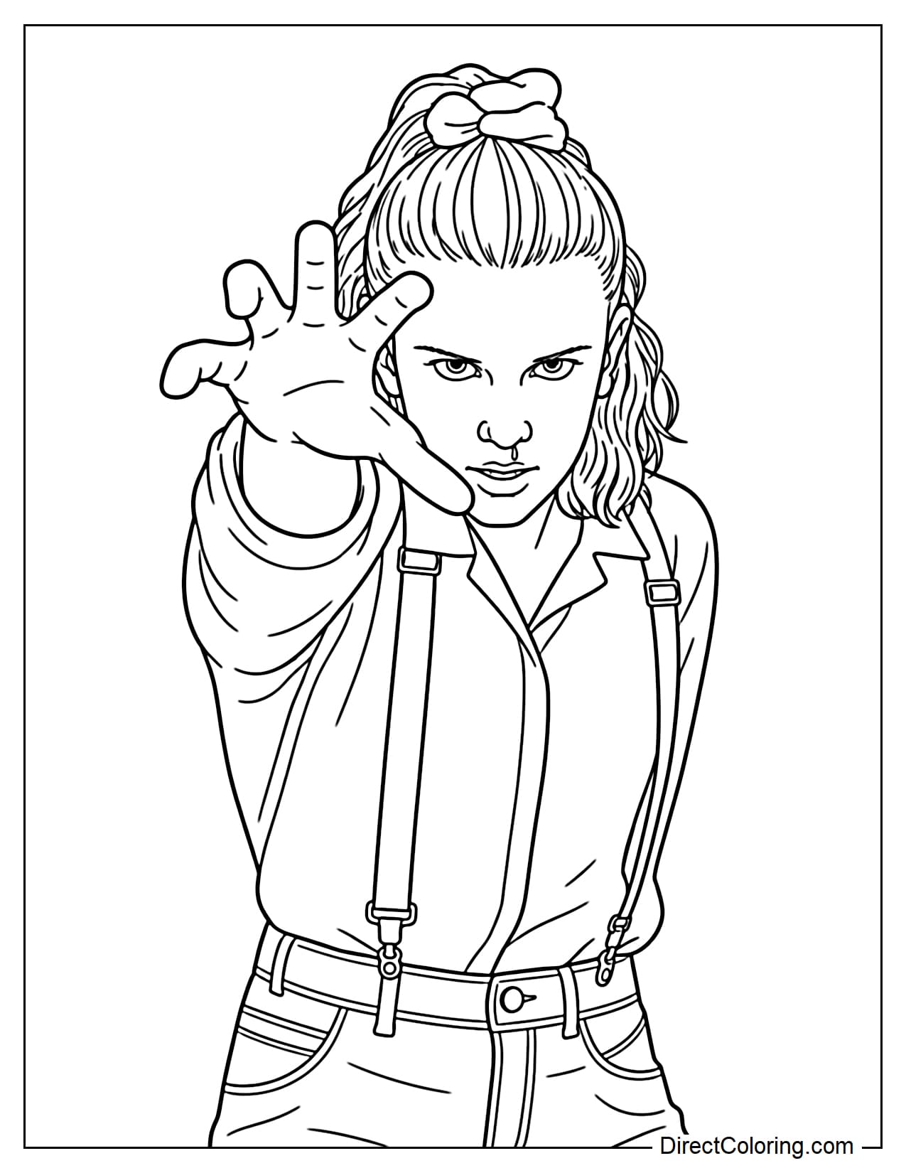 Eleven reaches one hand forward with an intense, focused expression as she uses her psychic abilities, capturing one of her most iconic Stranger Things moments.