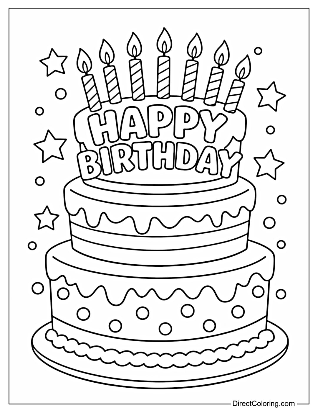 A coloring page of a large, multi-tiered birthday cake with many candles and the words 
