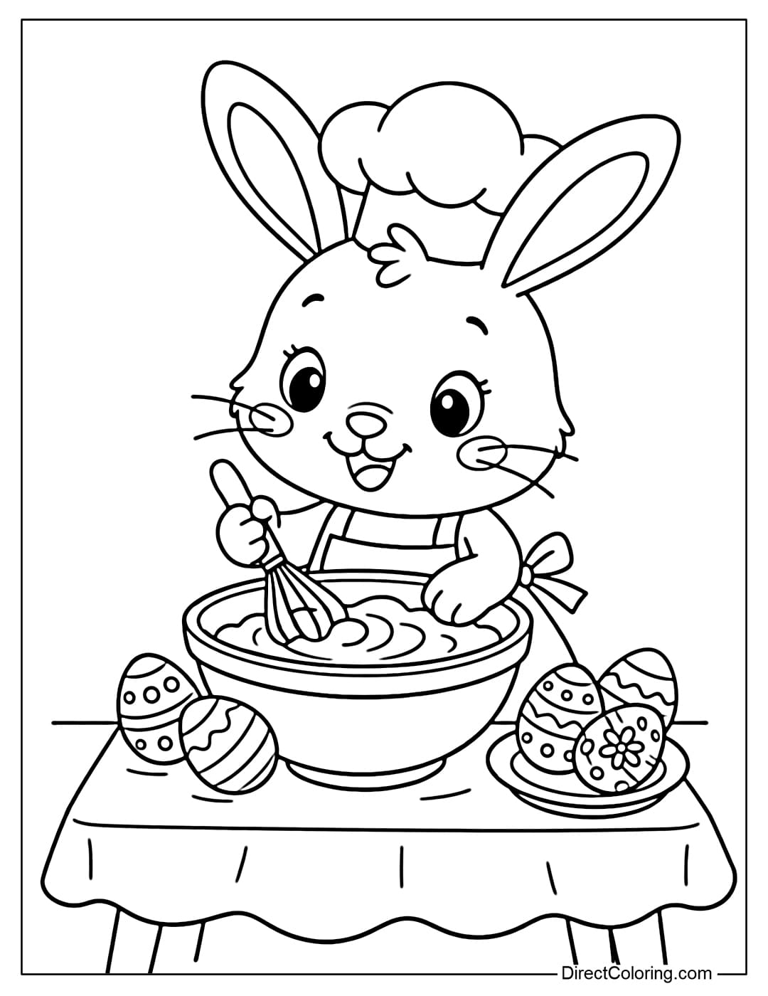 An Easter bunny coloring page wearing a small chef's hat, mixing flour in a large bowl on a table, with several Easter eggs on the table.