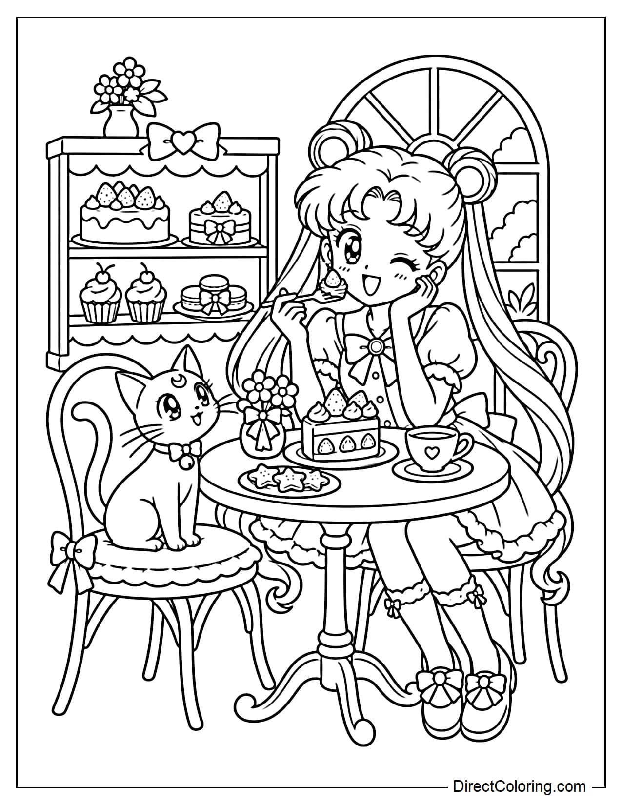 Usagi Tsukino, dressed in a cute casual outfit, sits in a bakery enjoying a slice of strawberry cake with her black cat, Luna. In the background, there is an arched window and a small pastry display shelf.