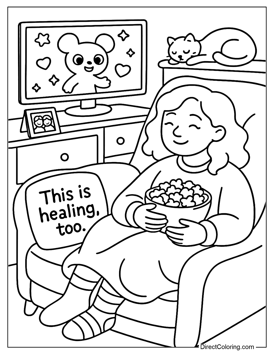 A girl sitting curled up in a large plush chair, wrapped in a blanket, watching a cartoon alone with popcorn in her hand.