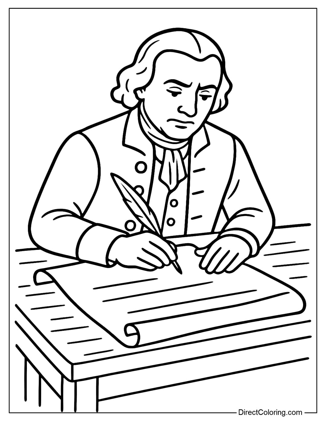 Coloring page of a founding father signing the Constitution, with a wooden table and a large scroll.
