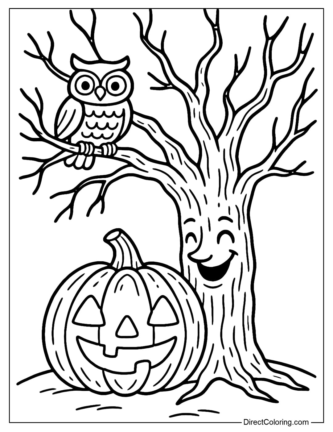 A pumpkin coloring page under a dry tree that knows how to smile, on which a small owl is perched.