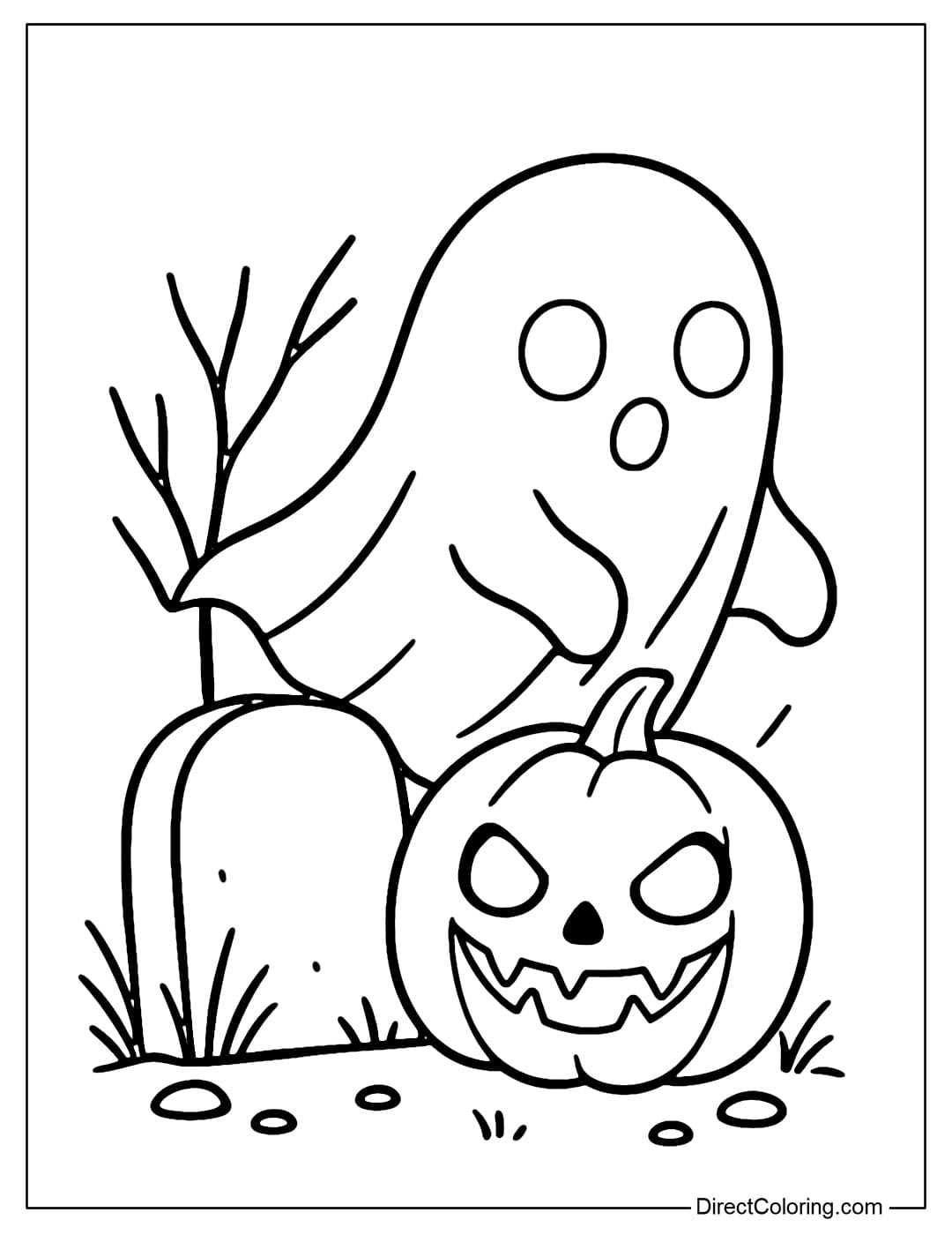 A ghost coloring page appearing next to a simple gravestone, with a blurry body.