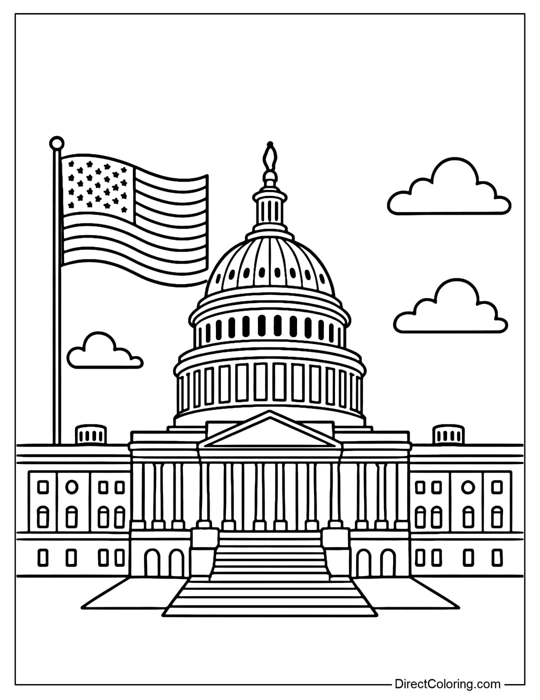 A coloring page of the U.S. Capitol, with the American flag flying.