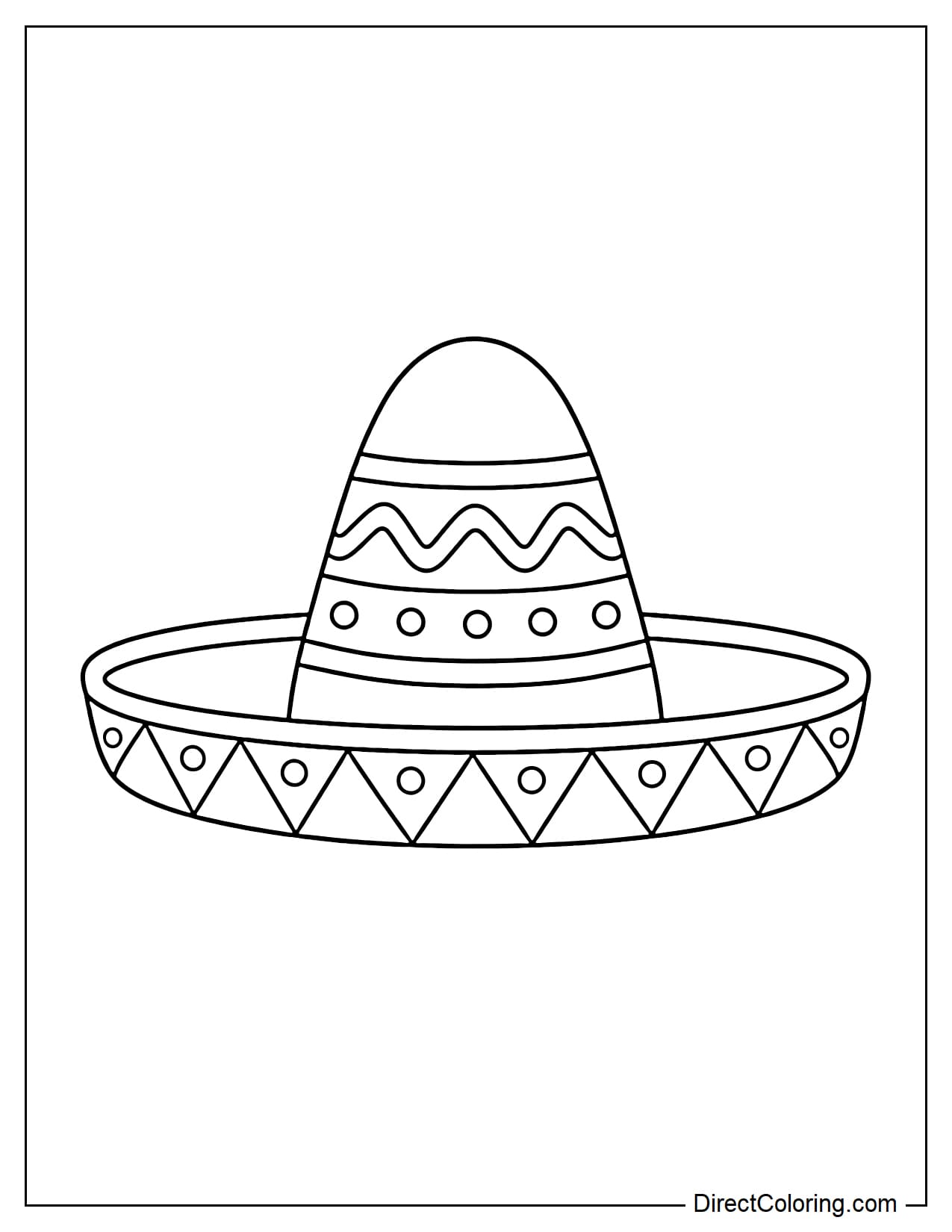 A traditional Mexican sombrero hat, featuring a high crown with wavy patterns and polka dots, and a wide brim decorated with triangles and polka dots.