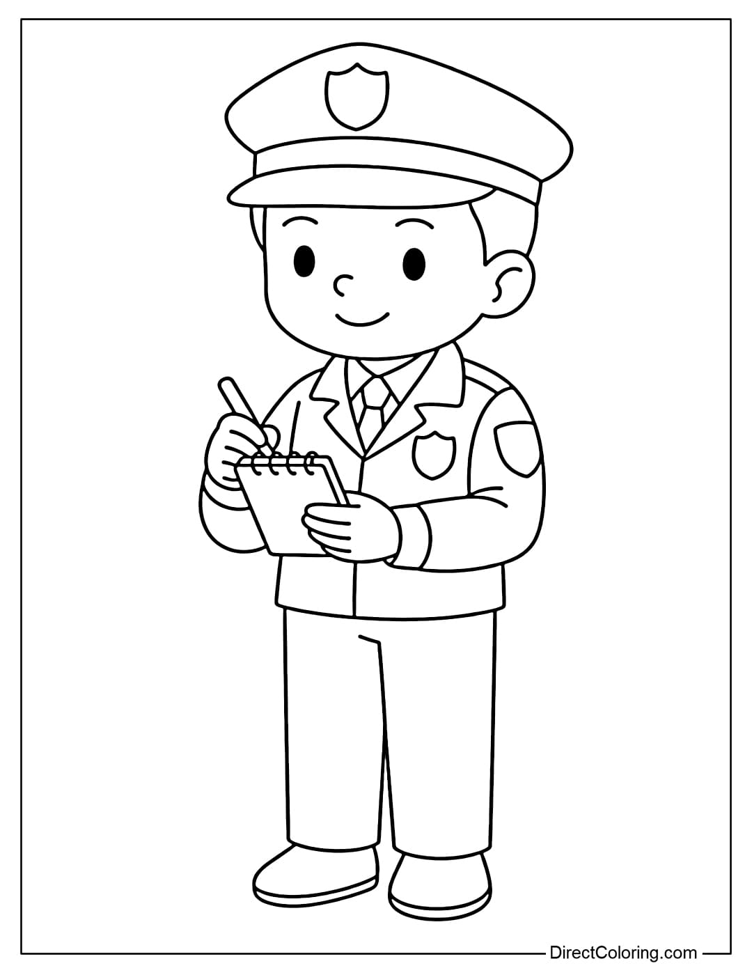 Coloring page of a police investigator holding a notebook, with simple shapes and no complex details.