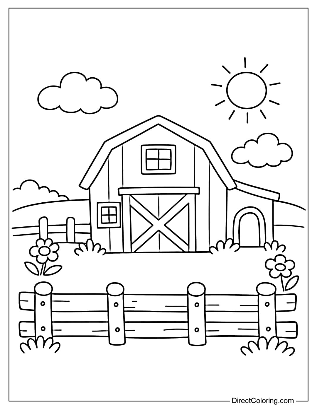 Coloring page for a barn and fence with a simple layout.