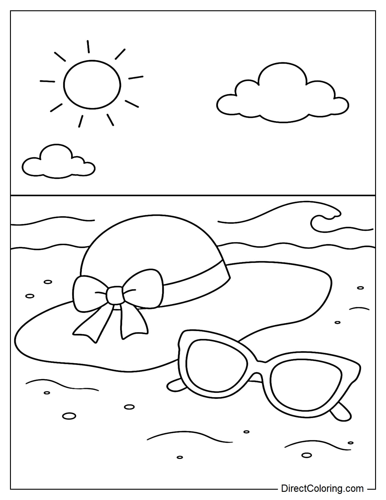 A wide-brimmed hat placed on the sand with a large pair of sunglasses next to it, behind a simple ocean wave.