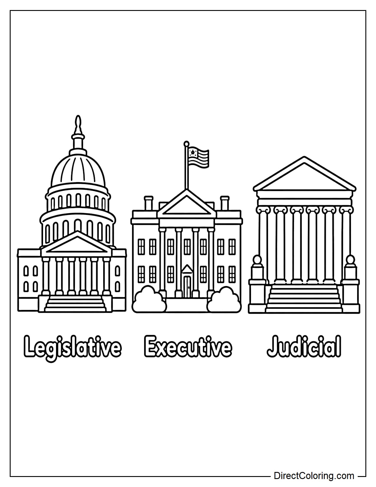 Three simple symbols representing the Legislative, Executive, and Judicial branches placed side by side, featuring the U.S. Capitol, the White House, and the Supreme Court, with a short label beneath each one.