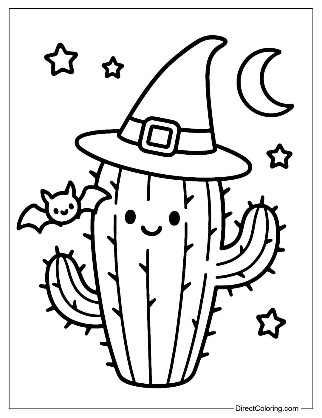 Halloween cactus coloring page wearing a pointed witch hat, with a small bat perched on the cactus arm.