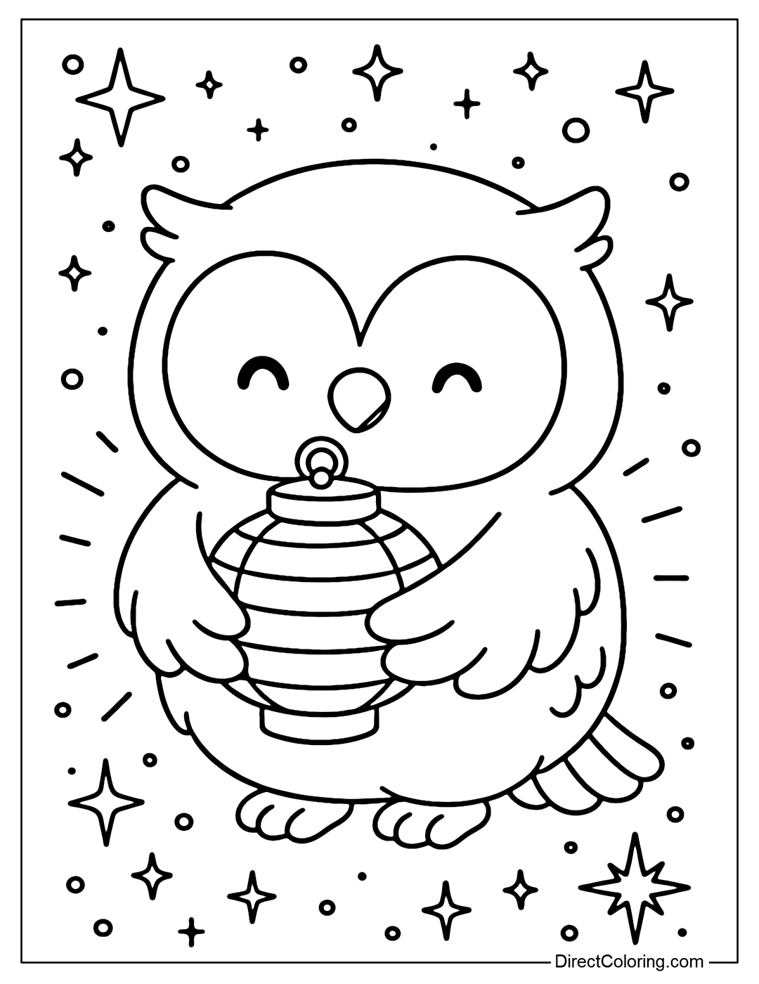 A coloring page of an owl holding a paper lantern, the light gently shining around, the background is a starry night sky.
