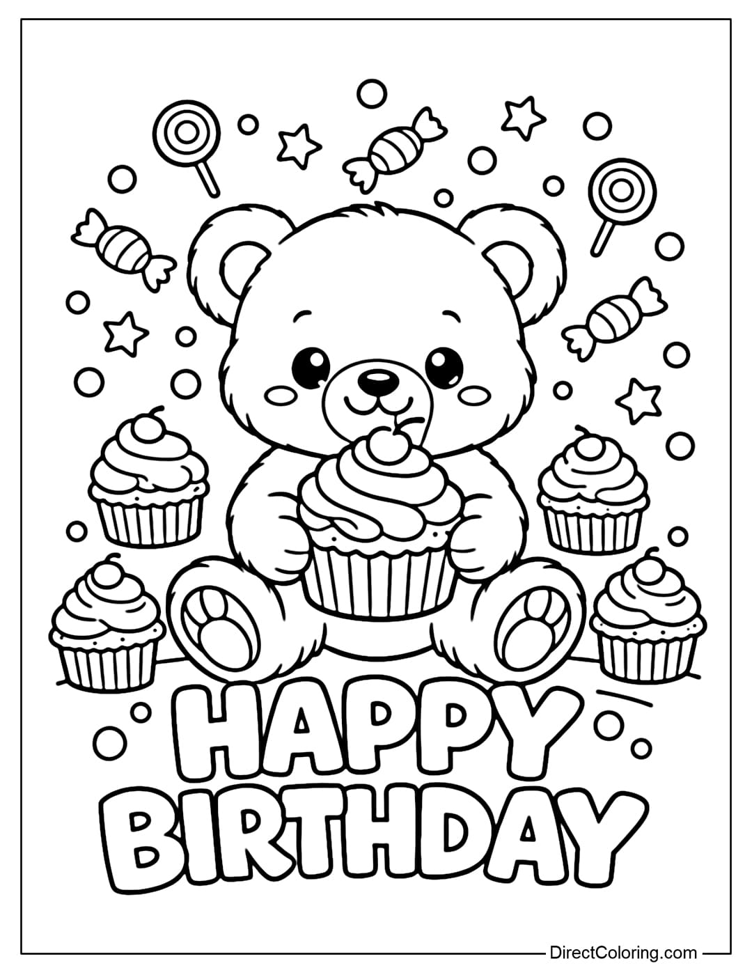 Coloring page of a cute teddy bear holding a large cupcake with swirls of frosting in its hands, surrounded by many small cupcakes and round candies.