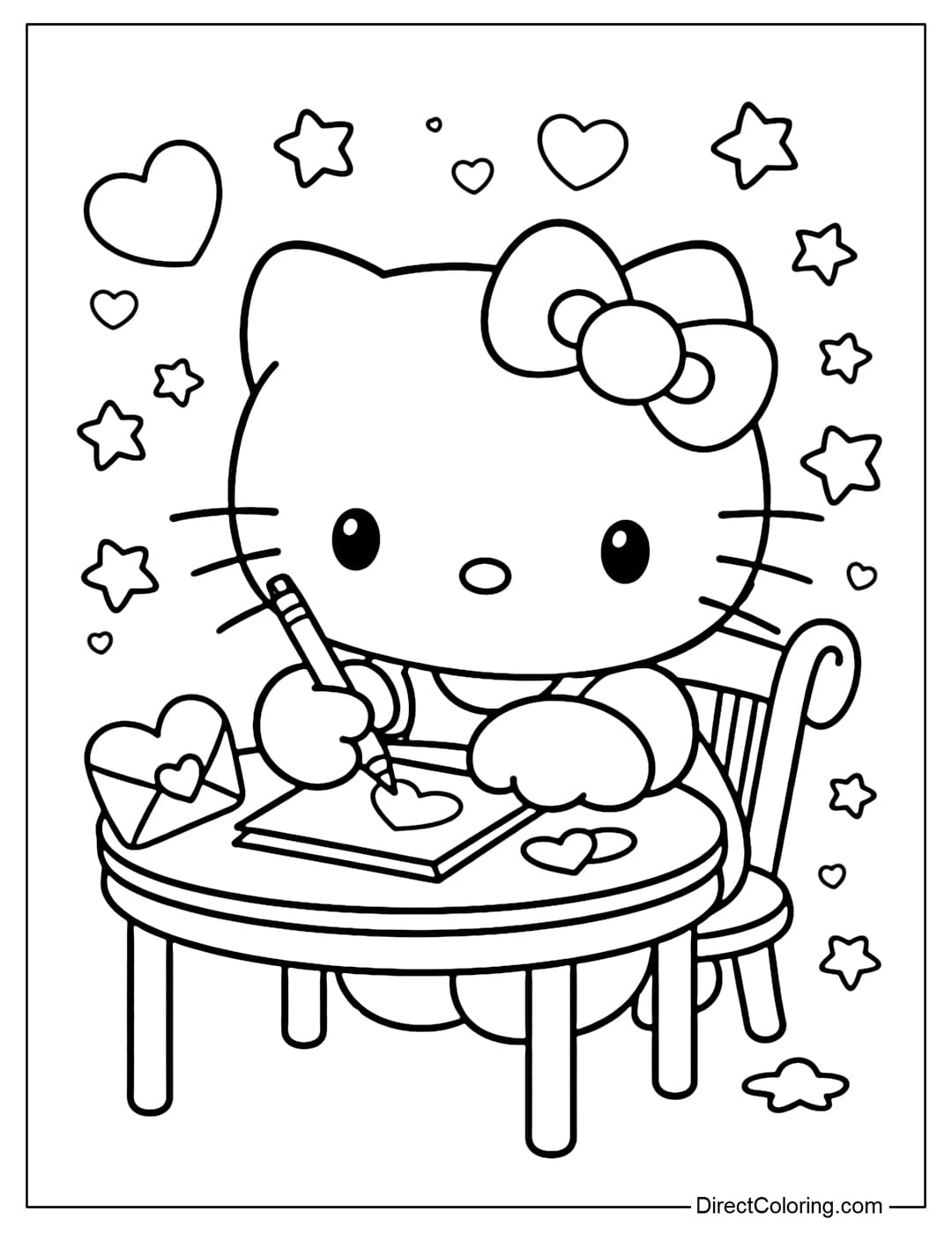 A coloring page of Hello Kitty sitting at a small table, with a heart-shaped envelope, a pen, and a few small stars in front of her.