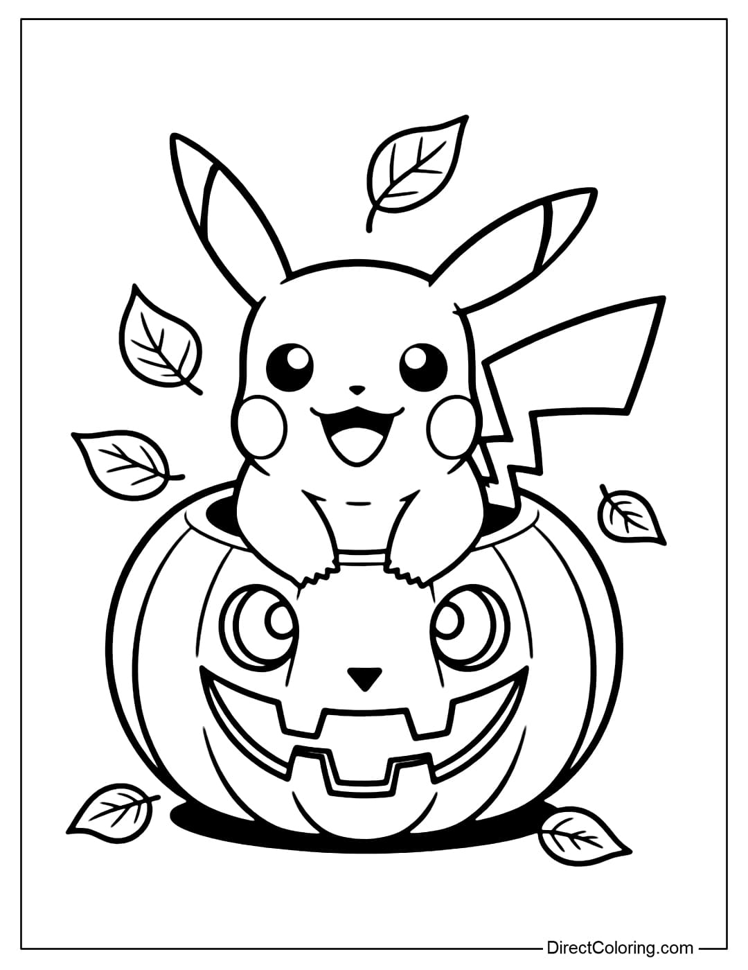 Pikachu coloring page sitting in a Halloween pumpkin, two ears perked up, surrounded by a few fallen autumn leaves.