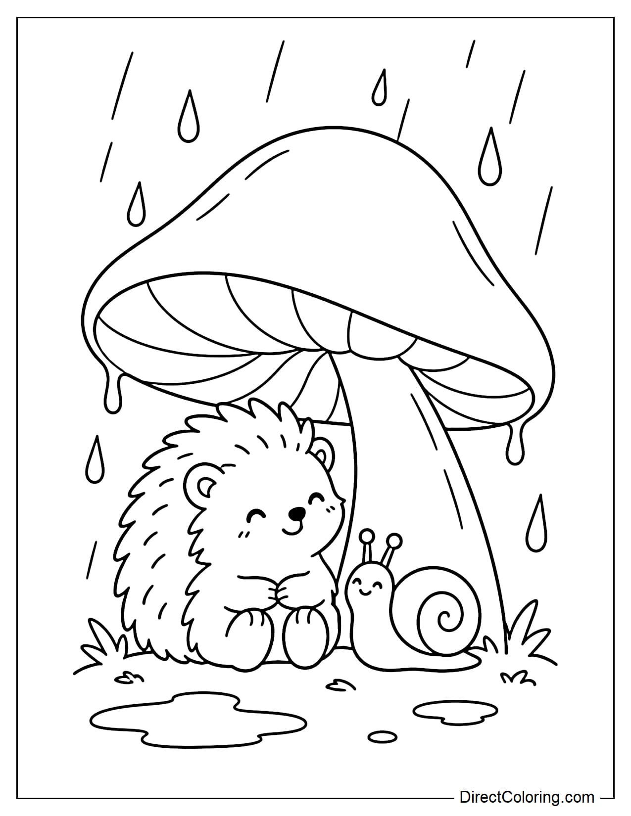 A little hedgehog sheltering from the rain beneath a giant mushroom like an umbrella, with a small snail taking cover beside it.