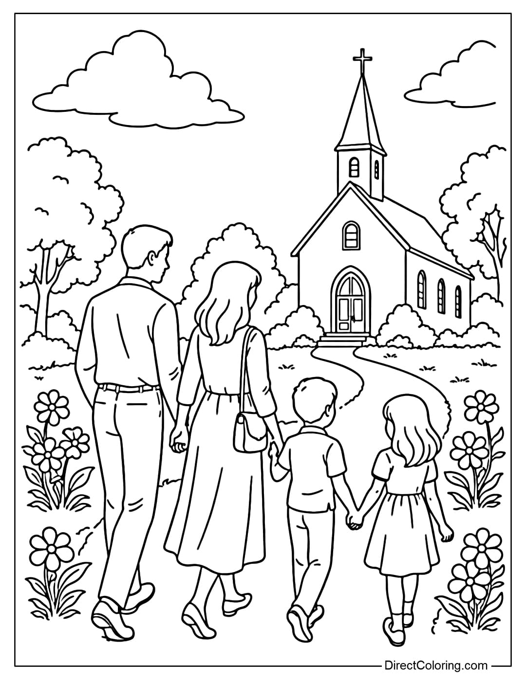 A coloring page of a family walking to church with a peaceful scene.