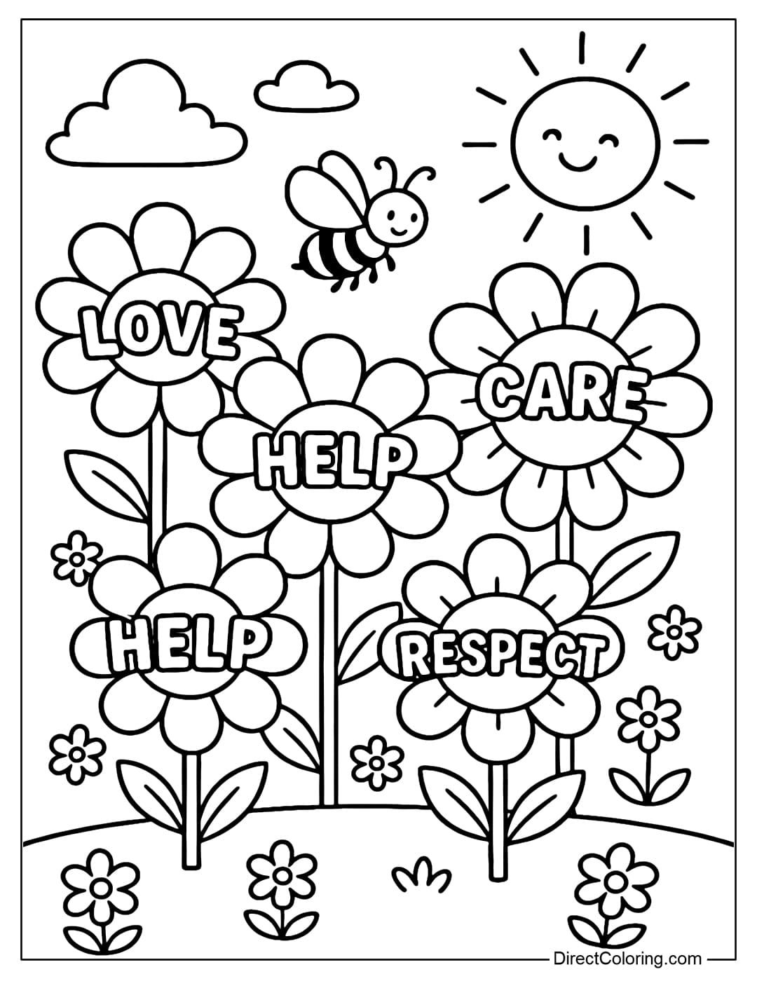 A coloring page of a garden filled with blooming flowers, each flower has the words Love, Help, Care, Respect.