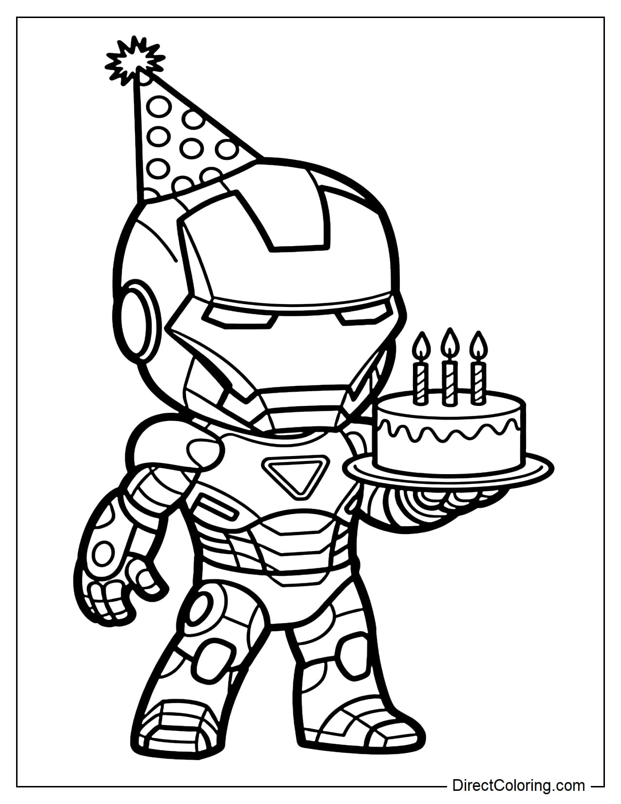 Chibi Iron Man wearing a birthday hat and holding a simple birthday cake.