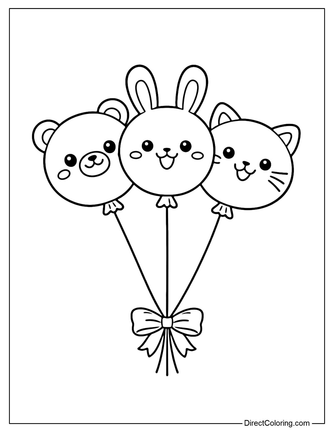 A coloring page featuring balloons shaped like cute animals bears, rabbits, and cats with round faces and cheerful expressions.