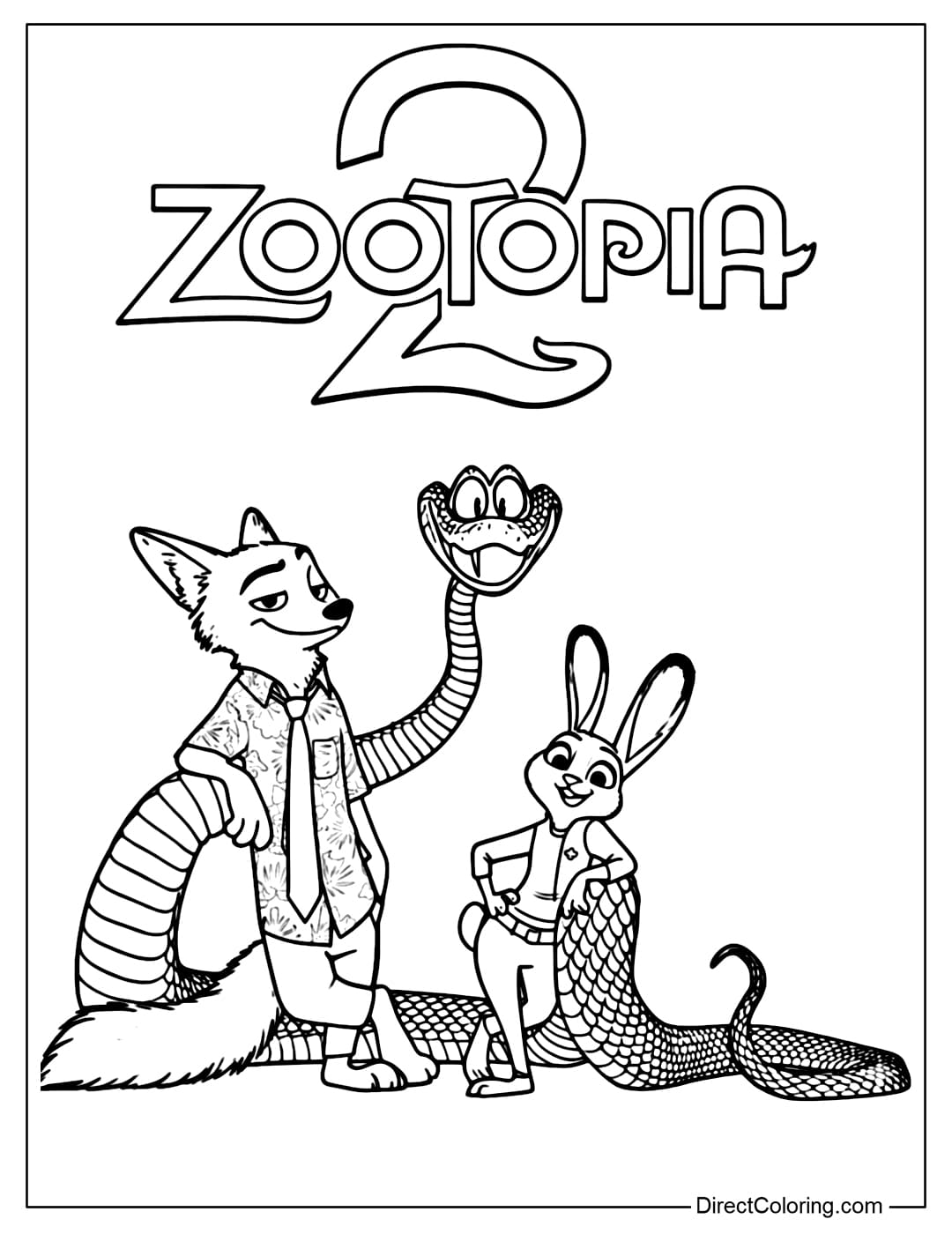 Coloring page of Nick, Judy, and the snake standing together with confident and humorous expressions.
