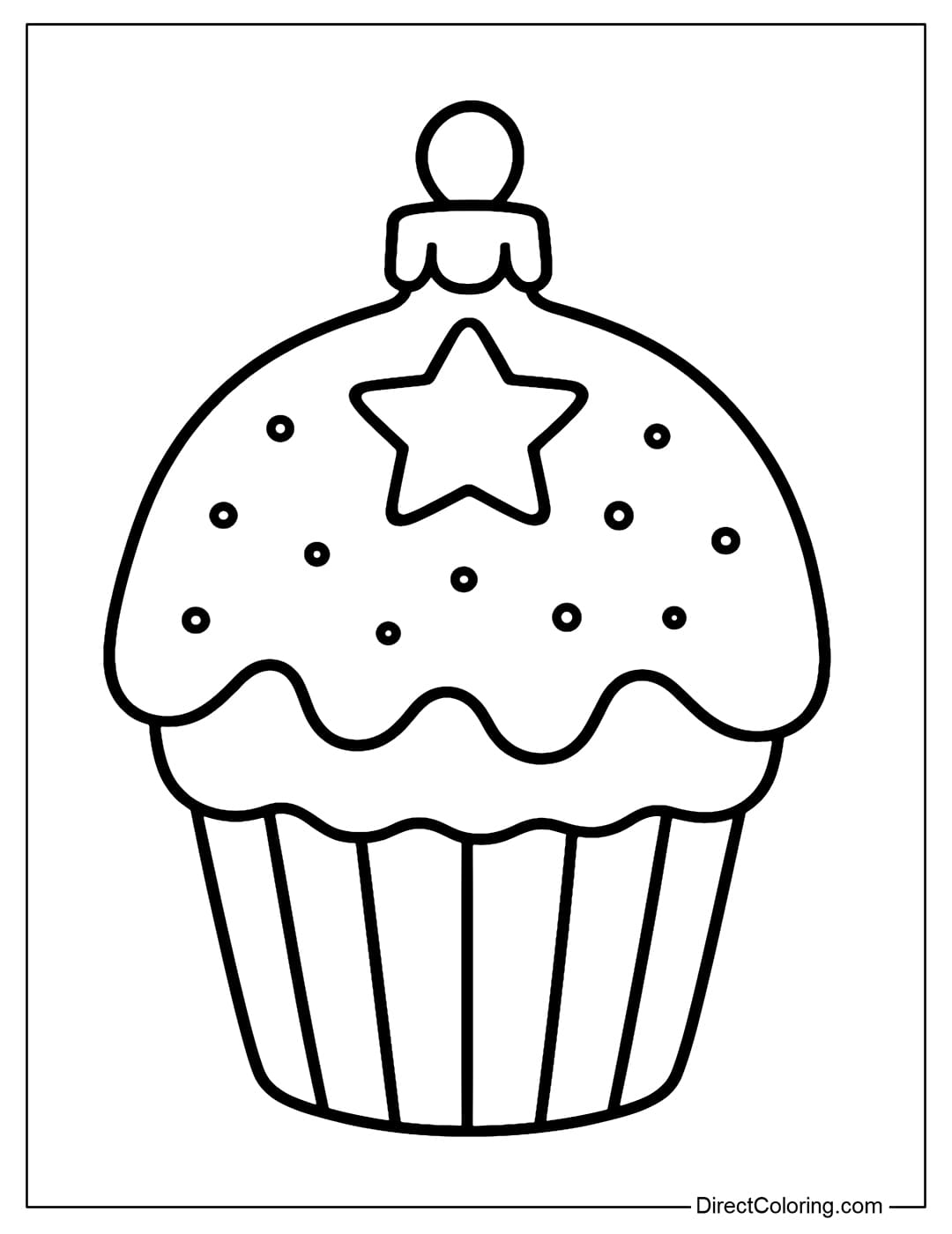 Cupcake bauble coloring page. Mini cake with snowflake topping and candy stars on top.