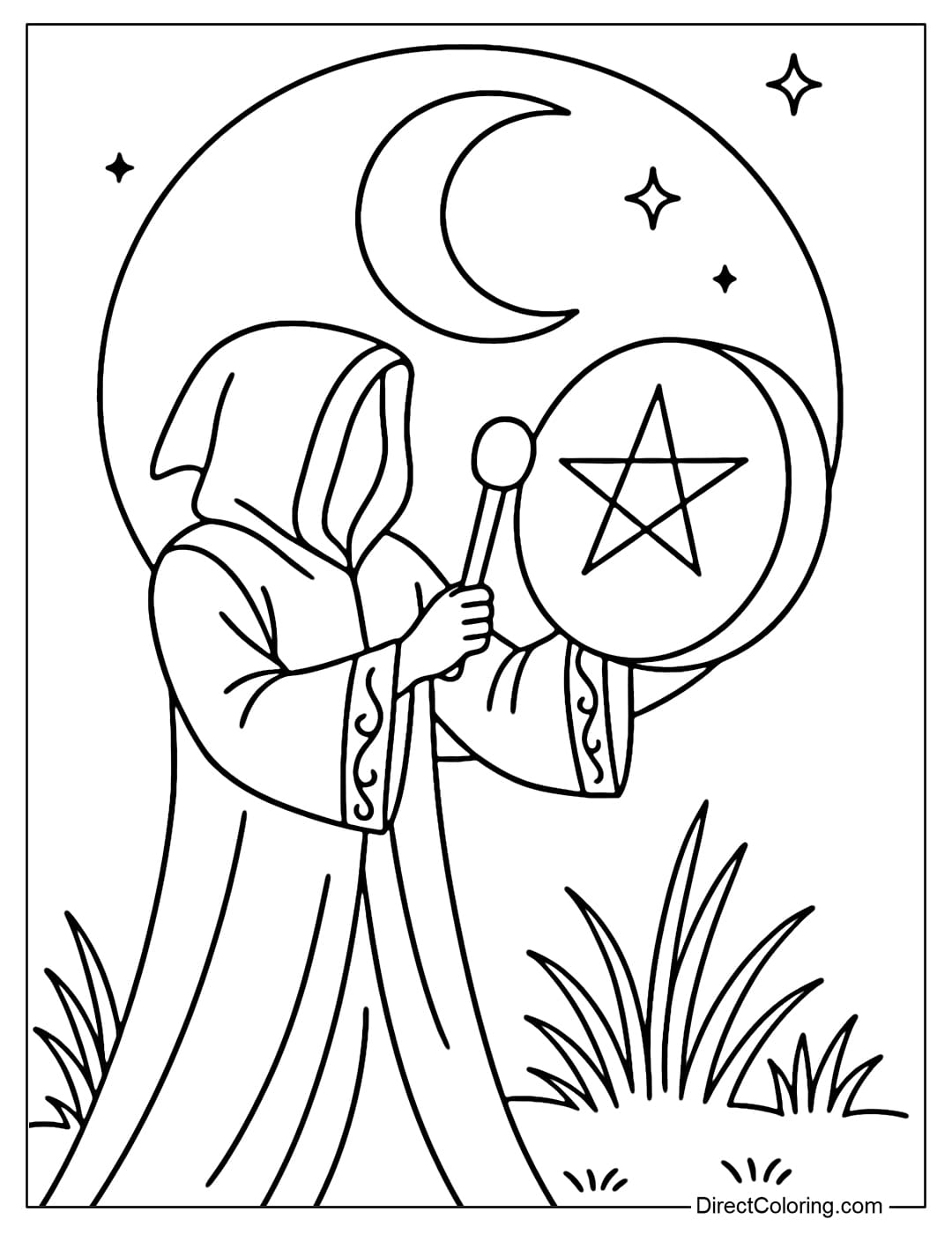 Sacred Drum Ceremony Coloring Page with drummer under a bright moon.