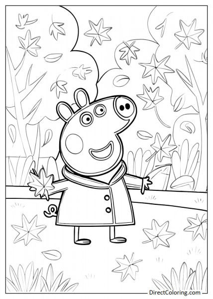 Peppa Pig holding a maple leaf in a leafy garden coloring page