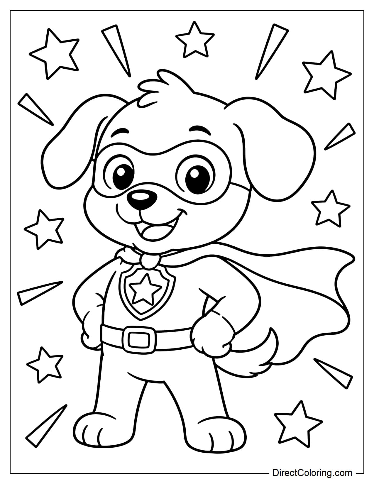 A superhero puppy with a small cape fluttering behind it, standing confidently, surrounded by stars and rays of light.
