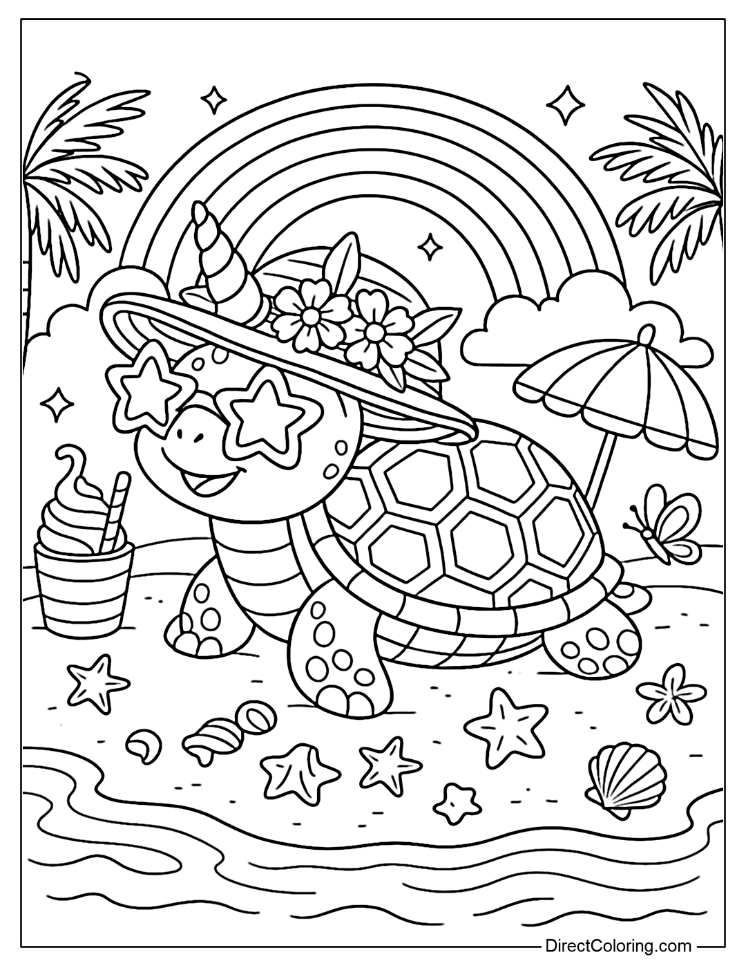 A coloring page of a cute tropical turtle relaxing on the beach. The turtle is wearing a hat decorated with flowers and leaves and a small unicorn horn, wearing star-shaped sunglasses.