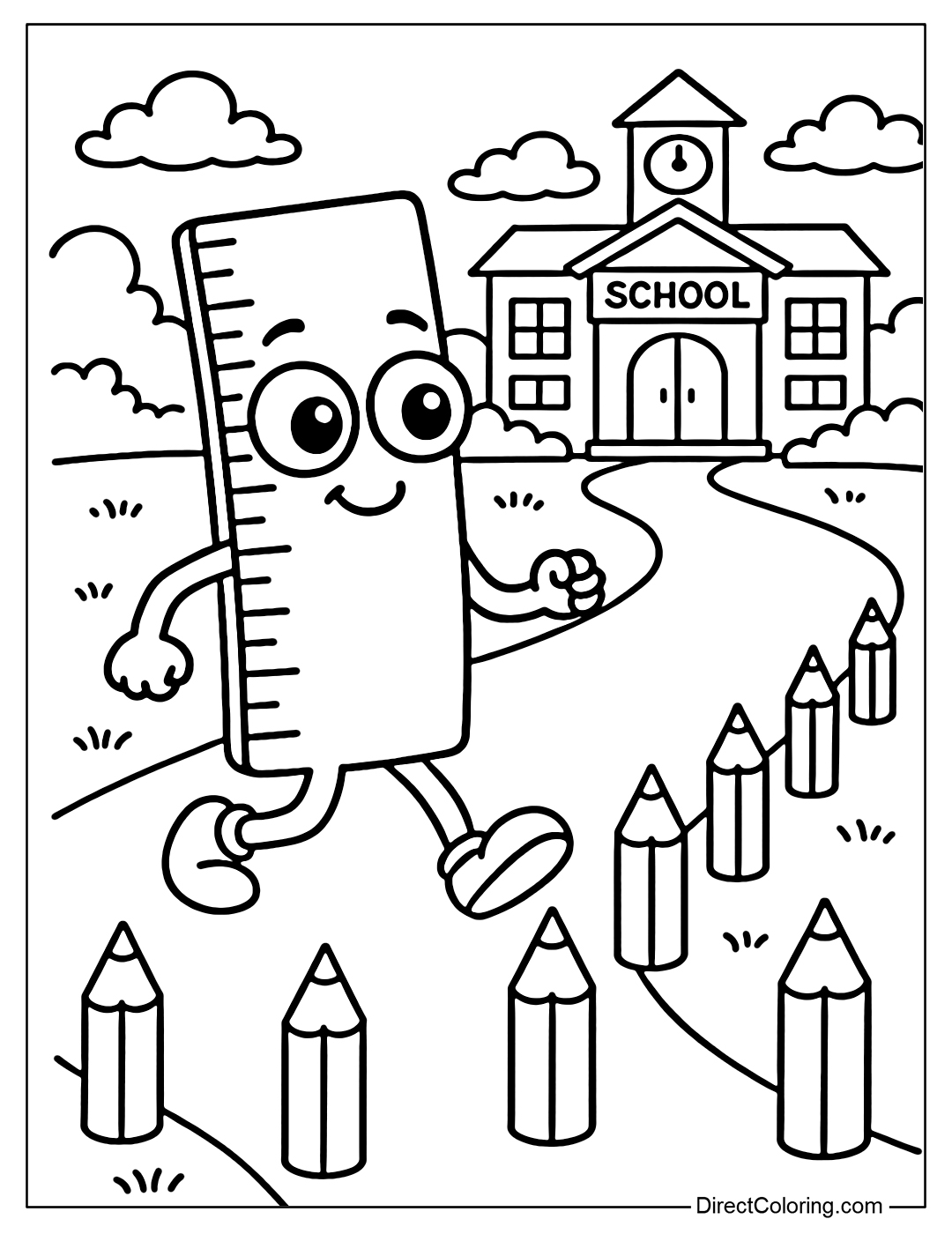 A coloring page of a ruler with big round legs and eyes, walking on a road filled with mini pencils as barriers, with the gate of a dream school in the distance.