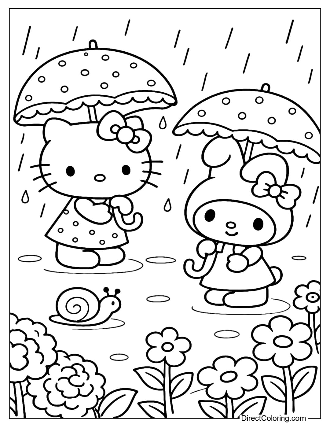 My Melody and Hello Kitty are walking under an umbrella in the rain, surrounded by flowers and a cute little snail.