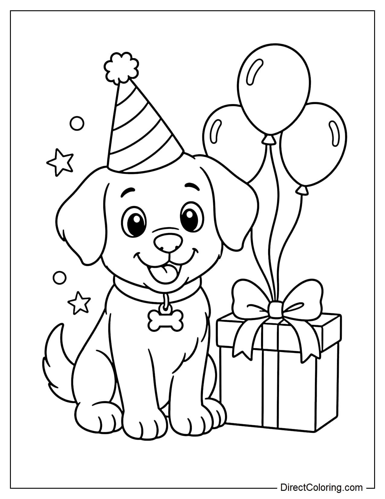The puppy is wearing a cone-shaped birthday hat, sitting next to a gift box and some simple balloons, with a happy expression as if attending a small party.