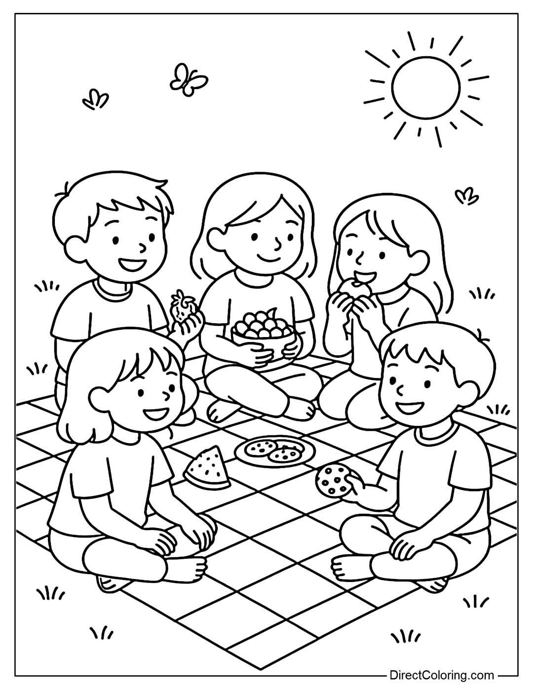 Coloring page of a group of four friends sitting on a picnic blanket, sharing fruits and cookies, surrounded by small butterflies and gentle summer sunlight.