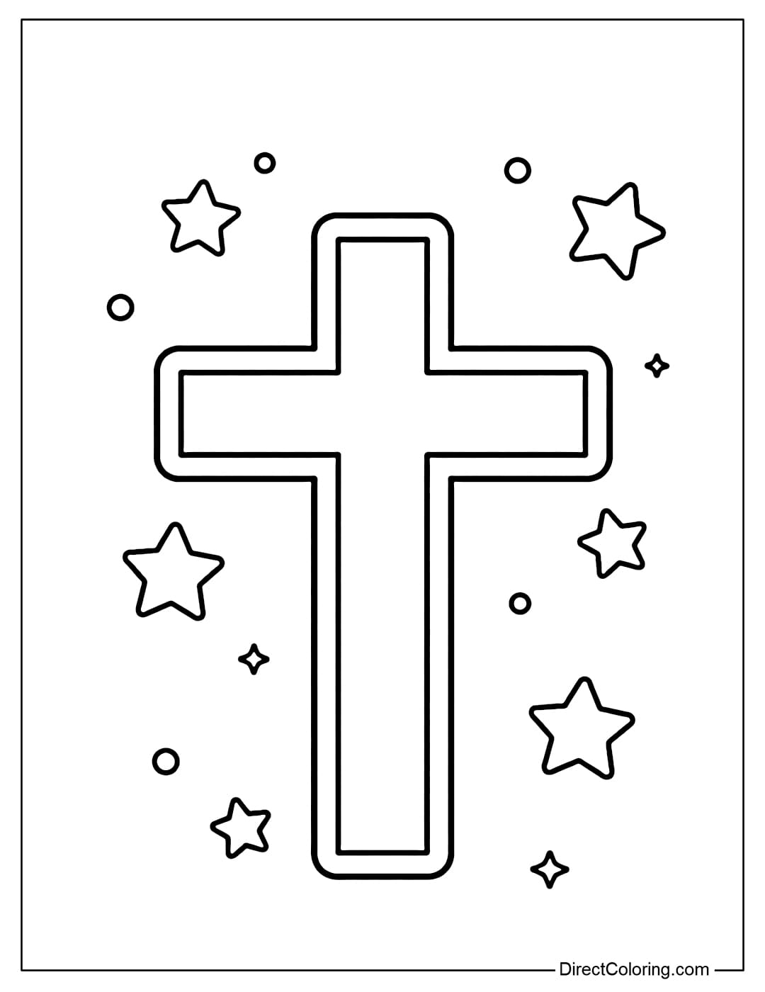A coloring page of a cross with a thick, clear outline, surrounded by a few small stars.
