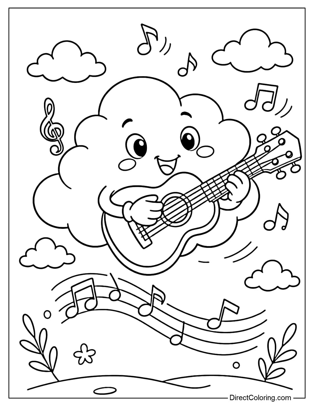 A coloring page showing a cloud holding a small guitar and playing music, with a few musical notes flying around it.
