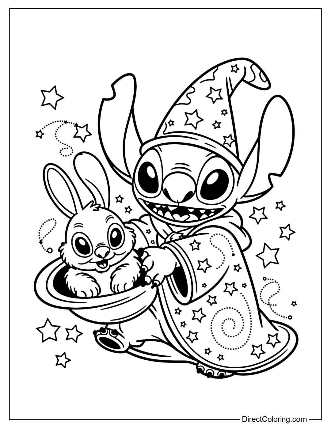 Stitch Coloring Page is wearing a starry cloak, wearing a wizard's hat, pulling out a cute rabbit from the hat.