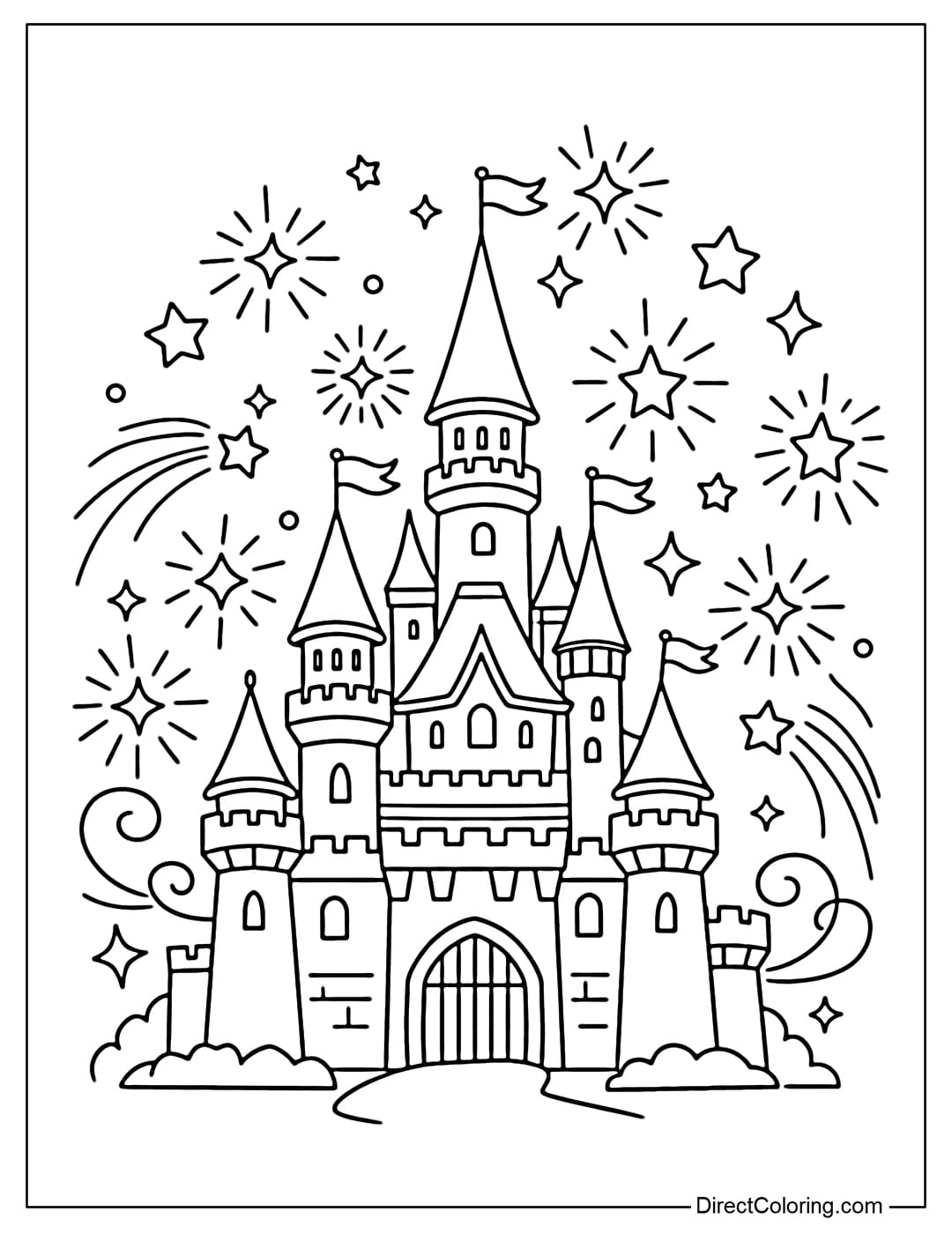 A coloring page of a castle surrounded by stars and magical rays of light.