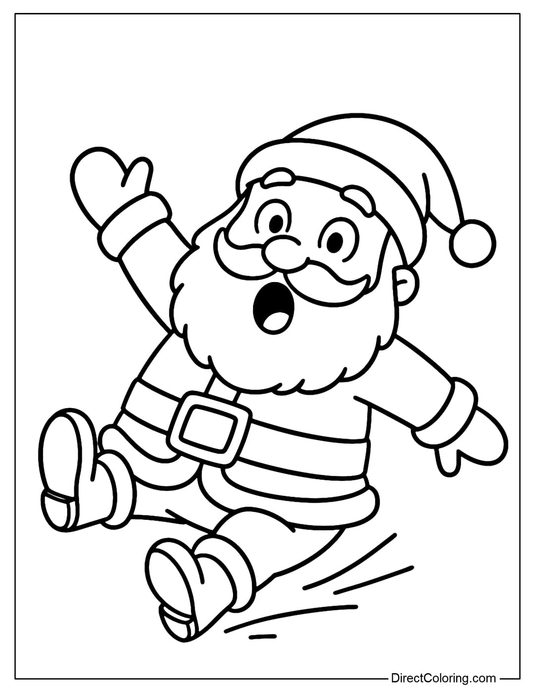 Funny Santa Coloring Page Funny Santa coloring page slipping and falling. Round eyes, wide open mouth. Santa with a cute expression, bringing funny energy.