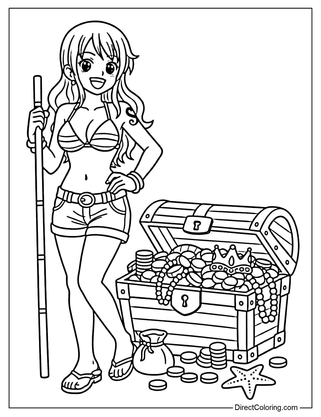 Nami stands next to a simple treasure chest, a fun image.