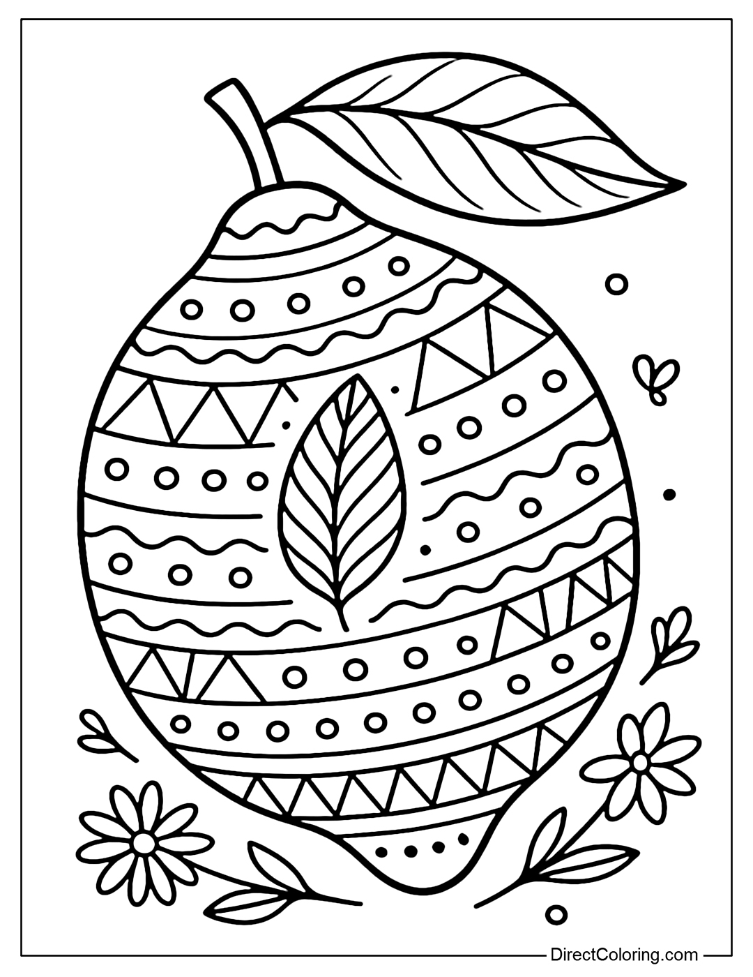 A lemon coloring page decorated with boho motifs: wavy lines, triangles, dots and stylized feathers. Each piece of lemon peel is a decoration, evoking fun and liveliness.