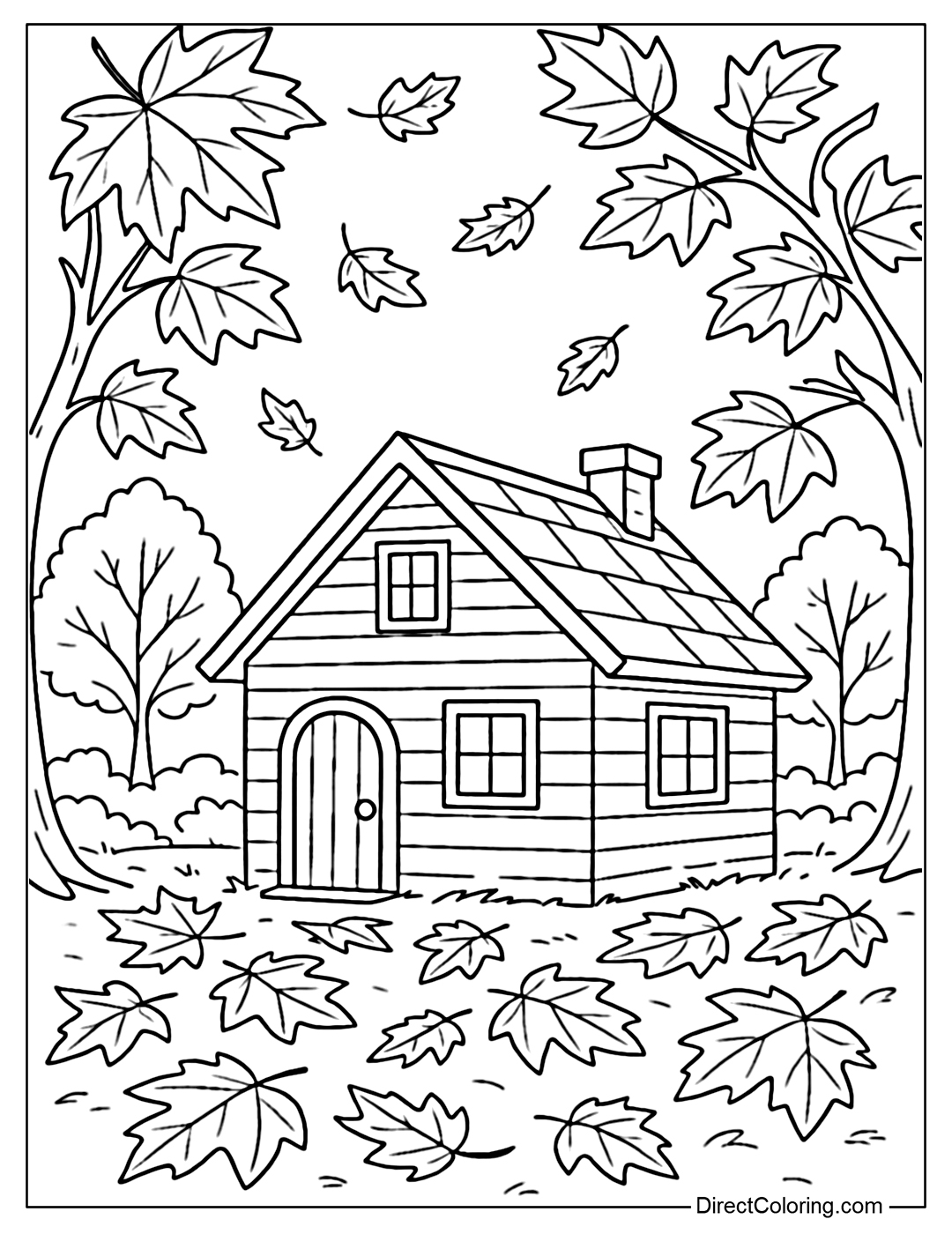 A small wooden house coloring page, surrounded by red and orange maple leaves.
