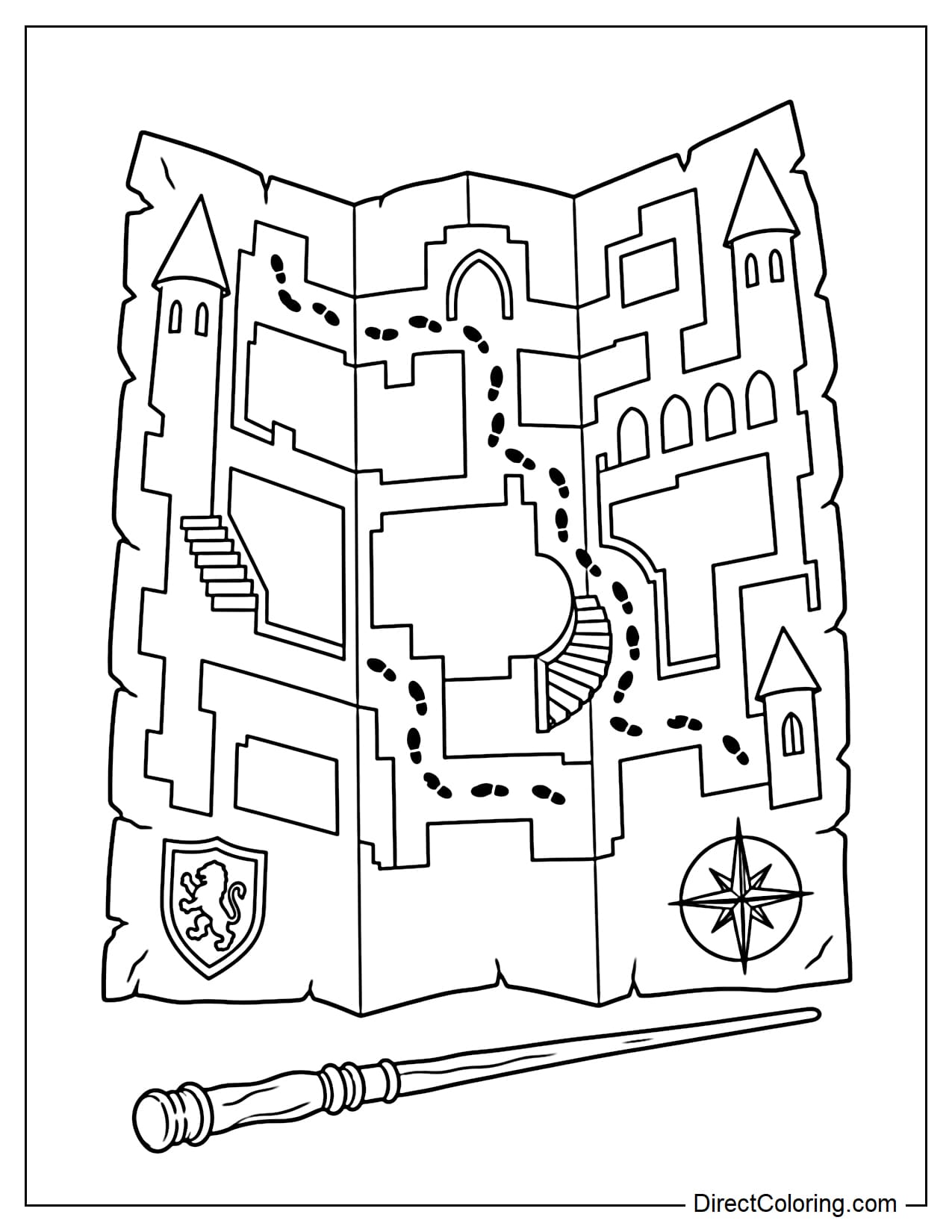 The Marauder's Map is fully unfolded, showing Hogwarts corridors and many small footprints moving along a curved path, with a wand placed beside the map.