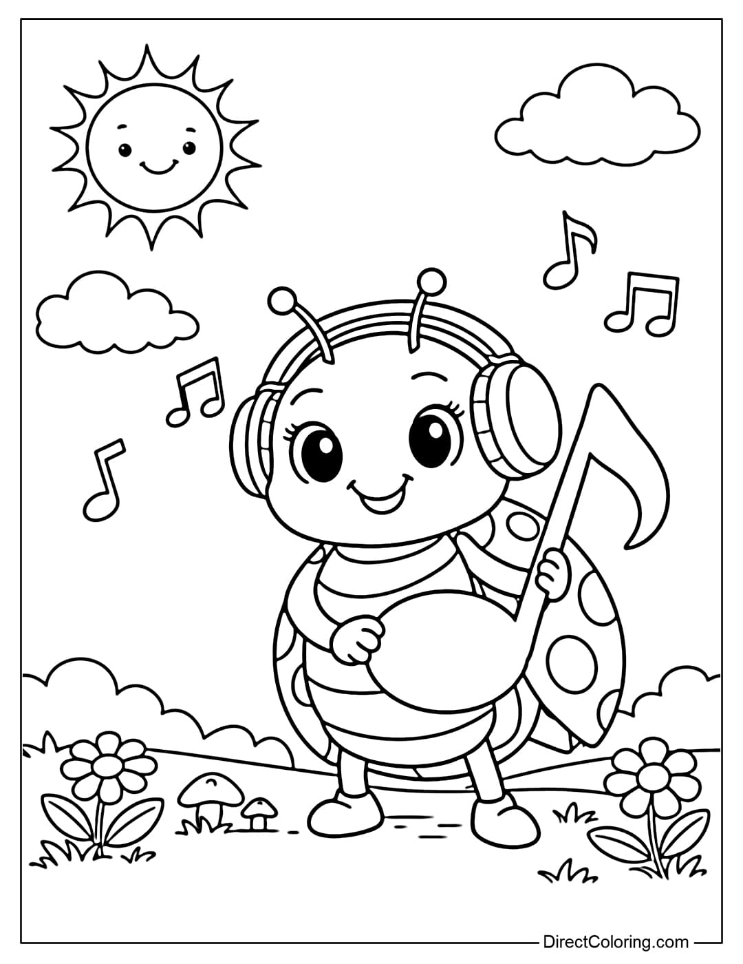 A coloring page of a ladybug wearing headphones and holding a large musical note in a spring scene.